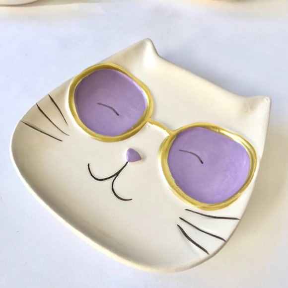 Ceramic Cat Trinket Dish Jewelry Tray Soap Dish Pink Blue Purple Cream Kitty - Picture 5 of 15